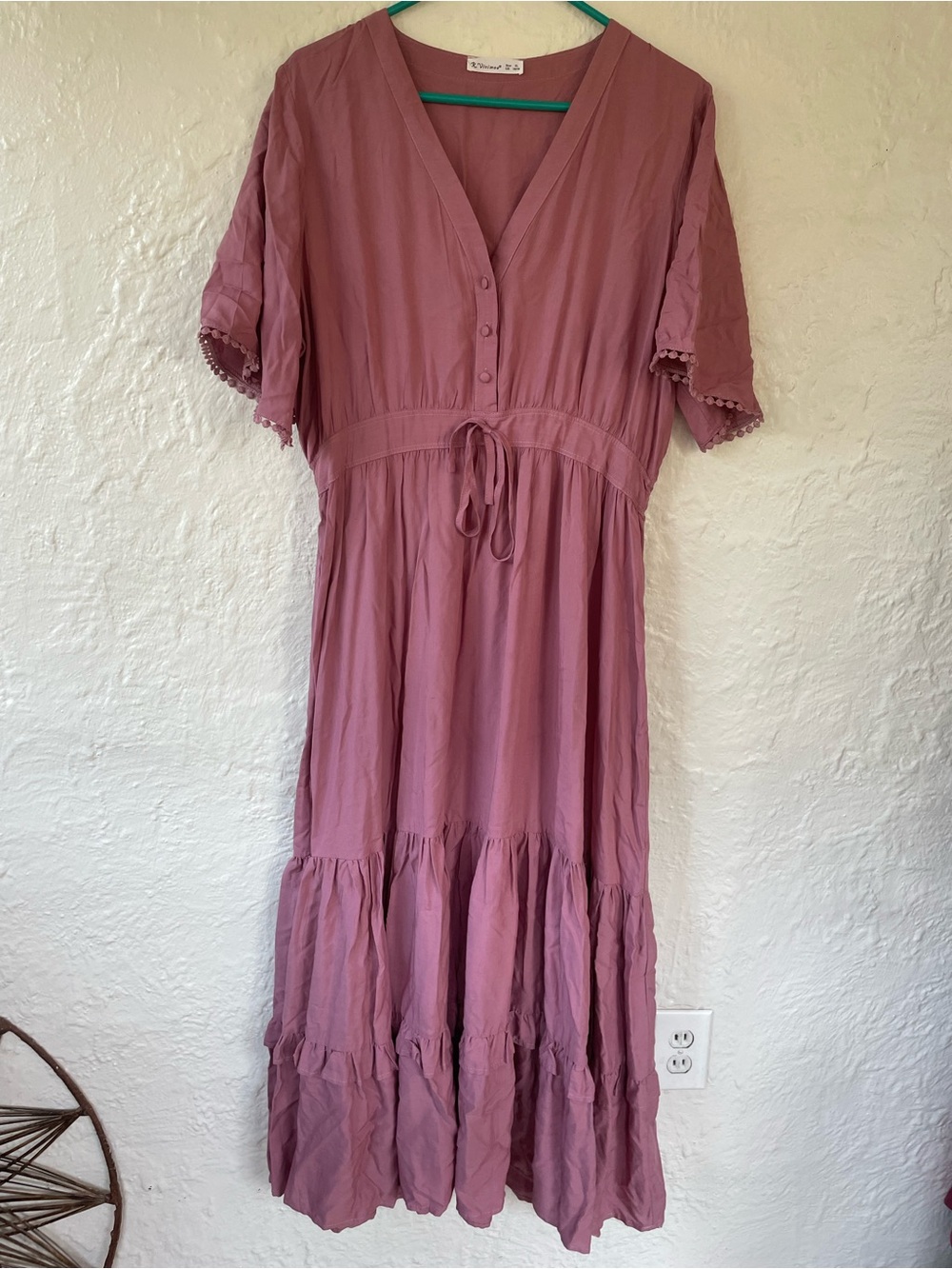 R.Vivimos pink maxi dress pom pom trim, tie waist, button top, lightweight; XL